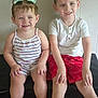 Owen Edward joined the competition — help win amazing prizes! barefoot, bench, boy, child, children, cute, face, hair_bow, happy, indoor, portrait, romper, shorts, siblings, sitting, smiling, striped_clothing, toddler, white_shirt, youth