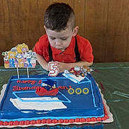 Owen Edward joined the competition — help win amazing prizes! birthday, boy, cake, candle, candles, celebration, child, colorful, face, food, green_tablecloth, happy, icing, number_5, party, person, red_shirt, sonic_the_hedgehog, table, wooden_wall