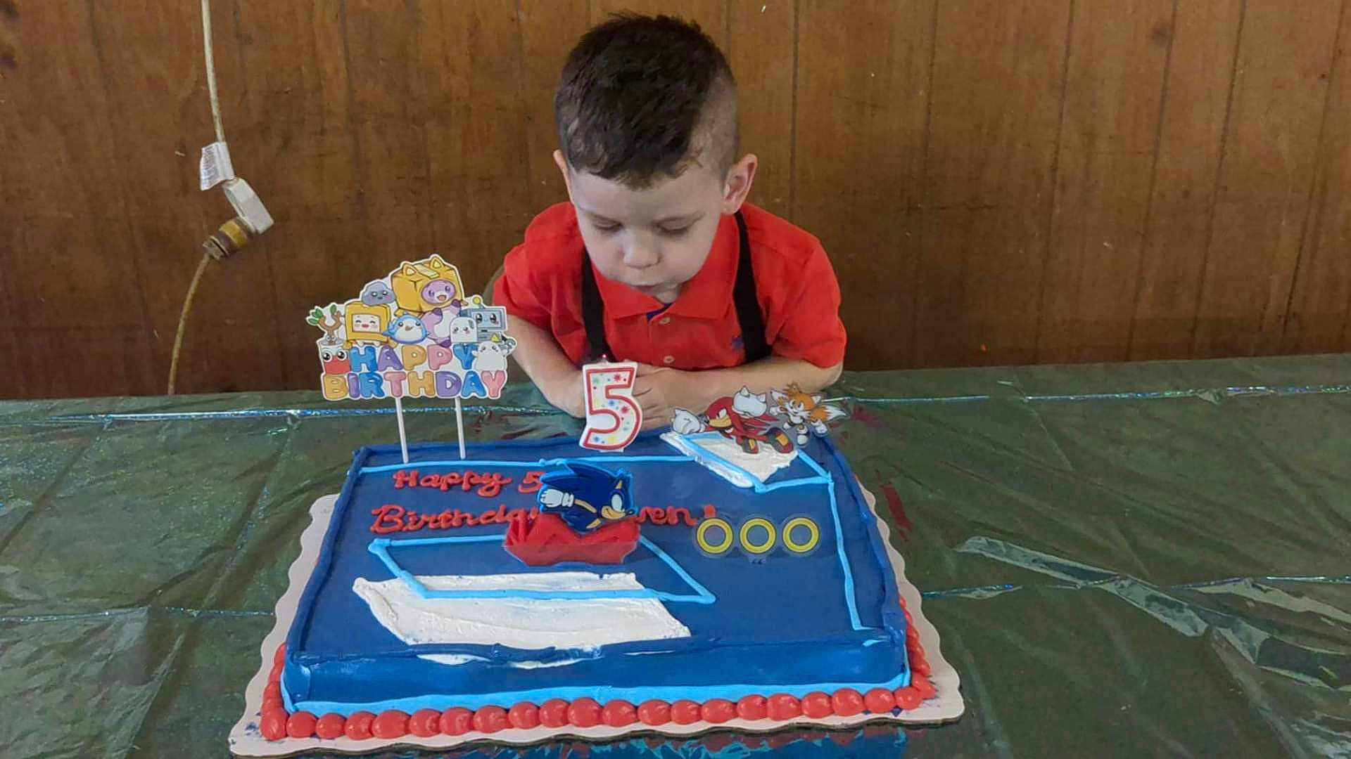 Owen Edward joined the competition — help win amazing prizes! birthday, boy, cake, candle, candles, celebration, child, colorful, face, food, green_tablecloth, happy, icing, number_5, party, person, red_shirt, sonic_the_hedgehog, table, wooden_wall