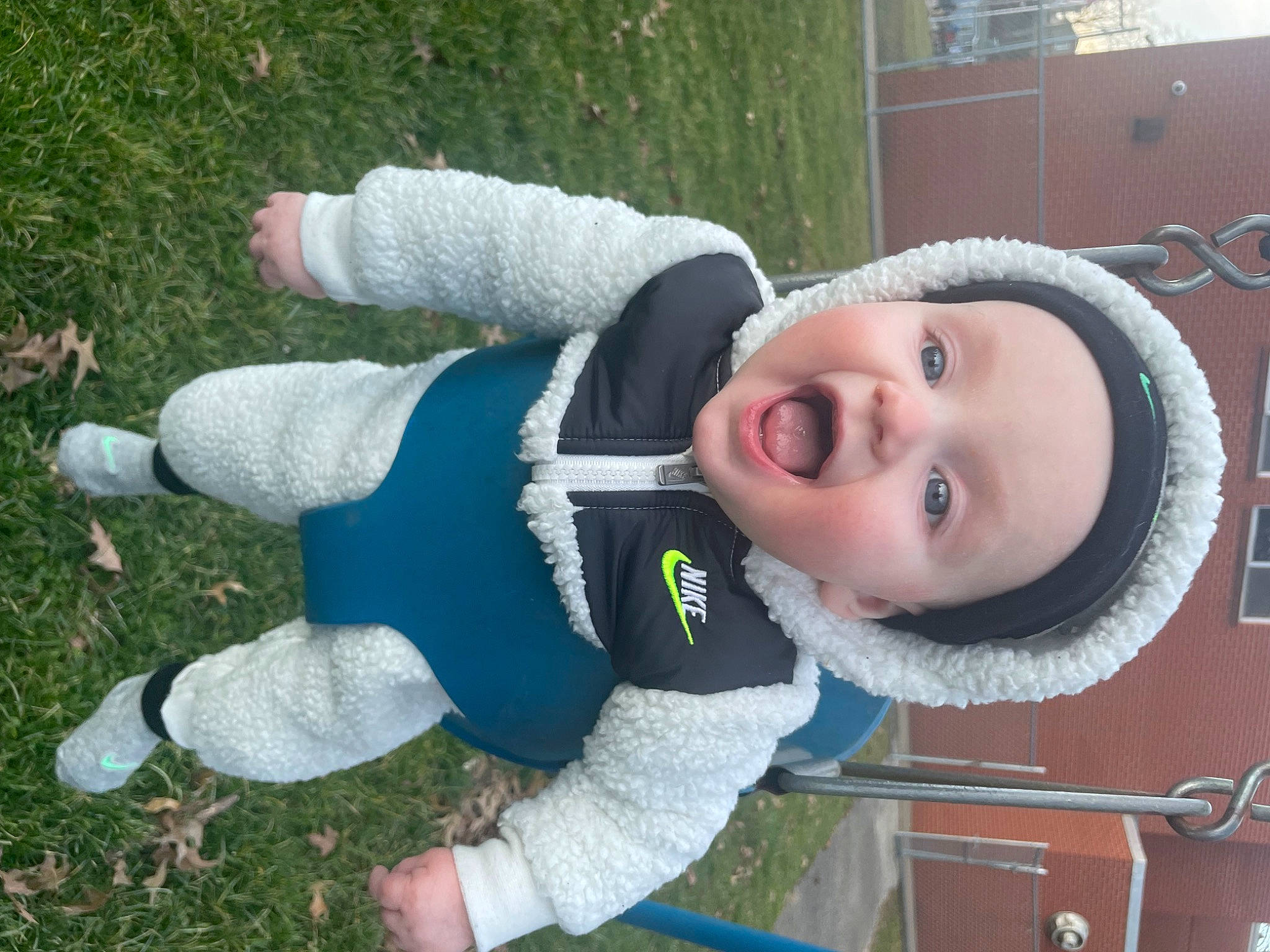 Atlas joined the competition — help win amazing prizes! baby, baby_toddler_clothing, child, eye, face, facial_expression, fun, fur, glove, grass, happy, headwear, leisure, pattern, person, plant, smile, toddler, tree, window