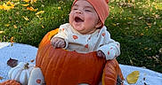 Emiliano joined the competition — help win amazing prizes! baby, child, smiling, laughing, outdoor, autumn, fall, pumpkin, pumpkin_costume, baby_costume, hat, onesie, blanket, leaves, grass, tree, fence, backyard, portrait, seasonal