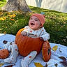 baby, child, smiling, laughing, outdoor, autumn, fall, pumpkin, pumpkin_costume, baby_costume, hat, onesie, blanket, leaves, grass, tree, fence, backyard, portrait, seasonal