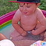 bare_chest, cap, child, colorful, friends, fun, grass, group, happy, hat, inflatable_pool, outdoor, pattern, play, skin, splashing, summer, sunlight, toddler, water