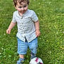 Emilien a rejoint le concours — aidez-le/la à gagner de superbes lots ! active, blue_eyes, child, curly_hair, cute, denim_shorts, fun, grass, greenery, happy, nature, outdoor, playing, sandals, soccer_ball, summer, toddler, walking, white_shirt, young_child
