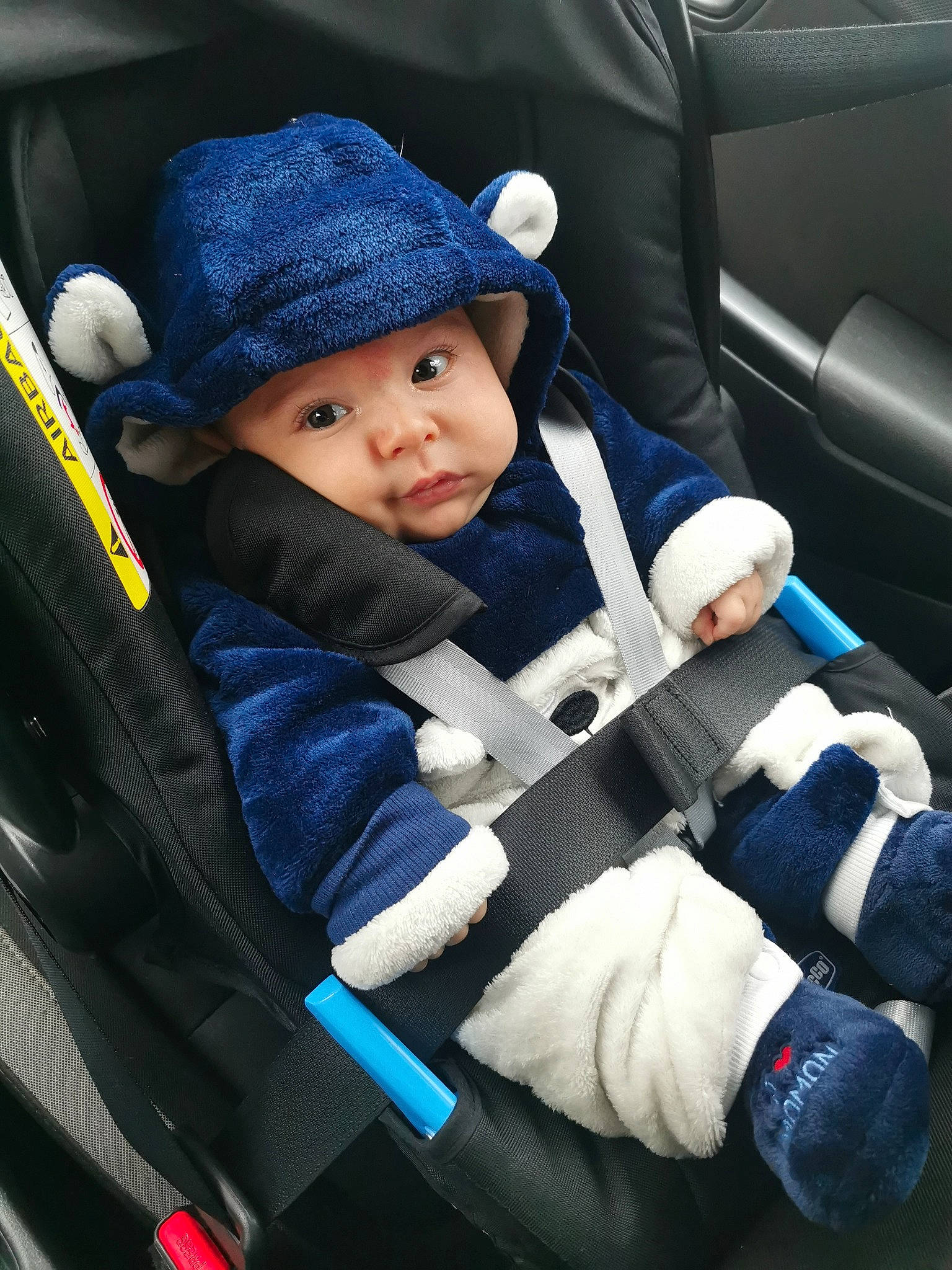 Mattéo participe au concours pour gagner de l'argent avec cette photo : auto_part, automotive_design, automotive_exterior, baby, baby_carriage, baby_in_car_seat, baby_products, baby_safety, car_seat, car_seat_cover, child, comfort, electric_blue, hat, head_restraint, headwear, motor_vehicle, person, product, steering_wheel