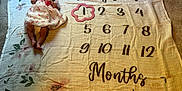 Carolynn is registered to the contest to win money with this photo: baby, infant, pacifier, dress, carpet, blanket, milestone_blanket, numbers, months, floral_pattern, lying_down, child, cute, small, indoors, soft_lighting, fabric, person, newborn, floor