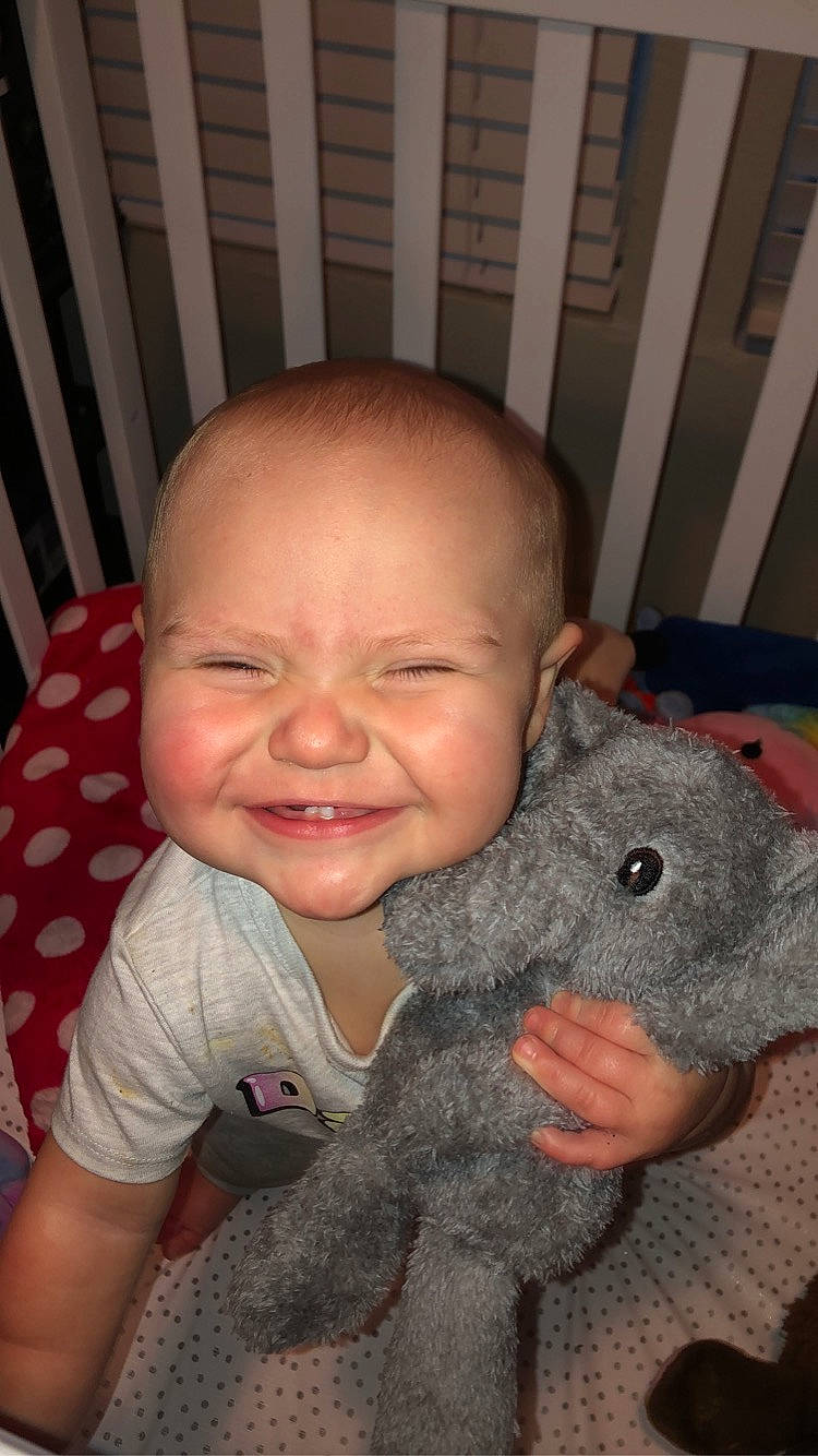 Alyson joined the competition — help win amazing prizes! arm, baby, baby_toddler_clothing, cheek, child, comfort, ear, finger, gesture, happy, joy, mouth, nail, nose, person, skin, smile, stuffed_toy, thumb, toddler