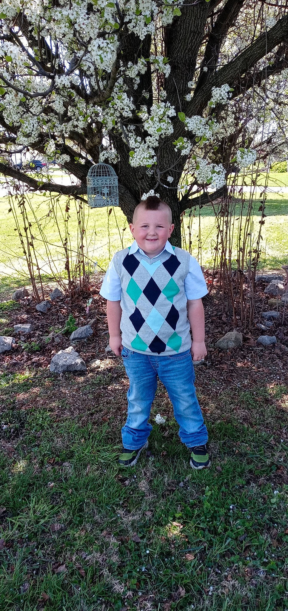 Aaden joined the competition — help win amazing prizes! denim, electric_blue, fun, grass, happy, jeans, joy, leg, leisure, pattern, people_in_nature, person, plaid, plant, sleeve, smile, soil, t_shirt, toddler, tree