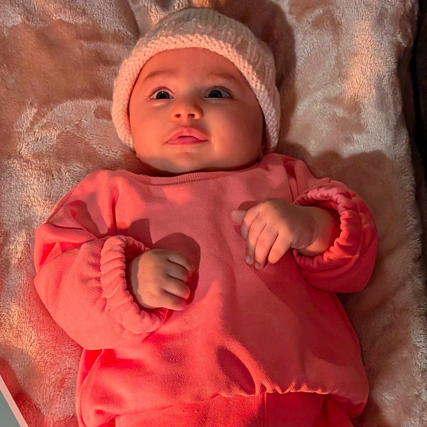 Alyana joined the competition — help win amazing prizes! baby, beanie, bed, blanket, bodypart, bonnet, cap, clothing, face, finger, furniture, hand, hat, head, hood, newborn, person, photography, portrait, quilt