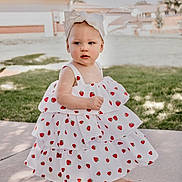 Alizah joined the competition — help win amazing prizes! toddler, child, dress, headband, strawberry_pattern, barefoot, outdoor, sidewalk, grass, sunlight, curious, baby, person, summer, fashion, cute, walking, garden, daytime, portrait
