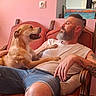 man, dog, armchair, beard, tattoo, casual_clothing, shorts, indoor, pink_wall, painting, relaxed, friendship, pet, furniture, seated, smiling_dog, home, human, comfort, leisure