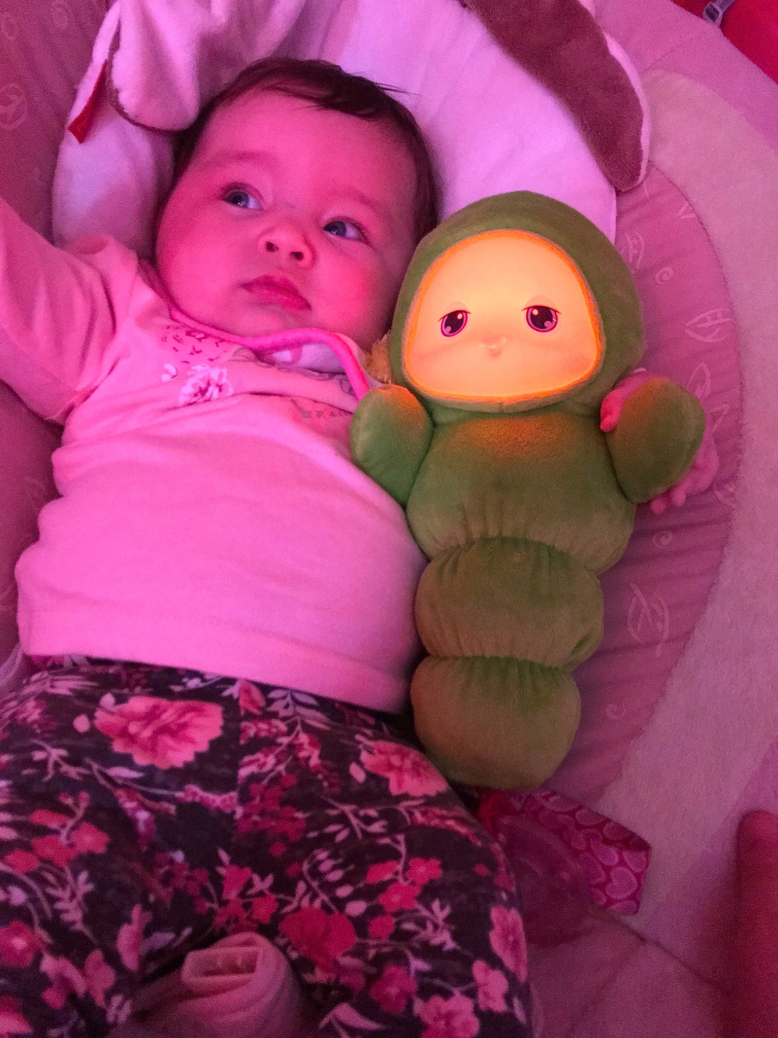 Violet is registered to the contest to win money with this photo: baby, baby_toys, cheek, child, doll, lilac, magenta, person, pink, plush, purple, skin, smile, stuffed_toy, textile, toddler, toy, violet