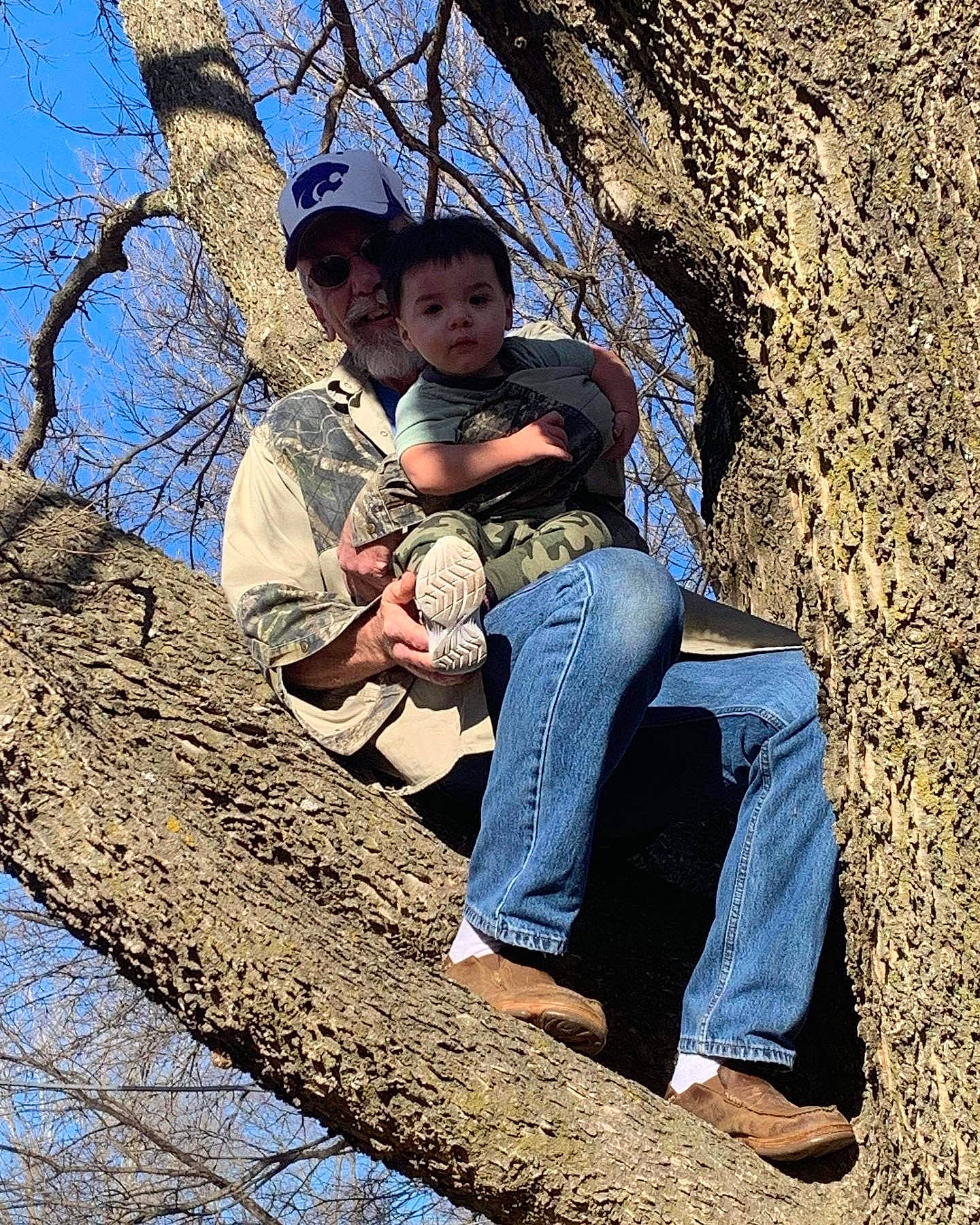 Noah joined the competition — help win amazing prizes! botany, branch, fun, gesture, happy, hat, headwear, jeans, leg, leisure, people_in_nature, person, sitting, sky, sneakers, toddler, tree, trunk, twig, wilderness