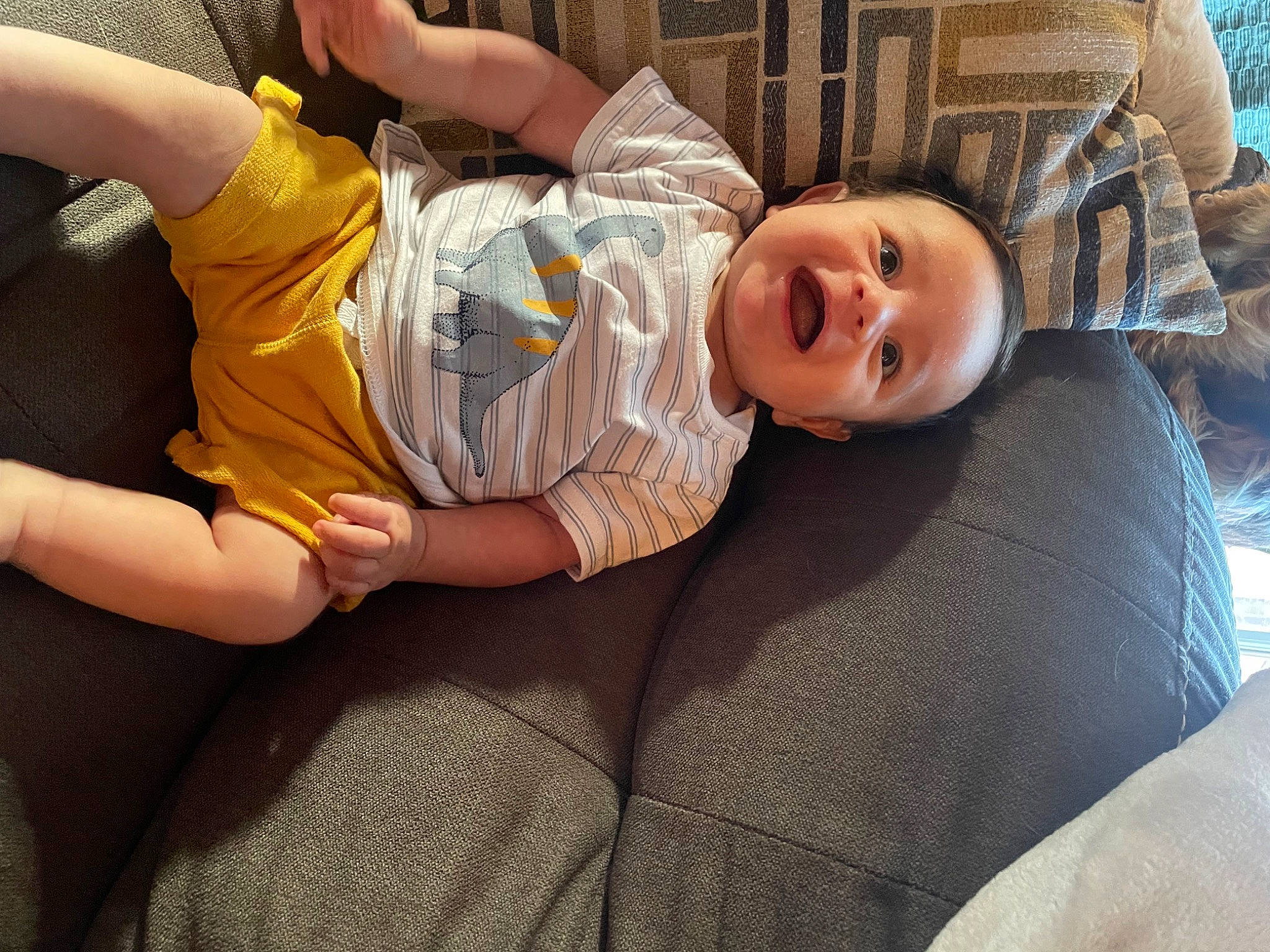 Peter is registered to the contest to win money with this photo: arm, baby, child, comfort, couch, foot, fun, happy, hat, human_leg, knee, leg, leisure, person, shorts, sitting, smile, t_shirt, thigh, toddler