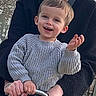 child, boy, smiling, sweater, adult, hands, outdoor, playground, tree, person, happy, holding, casual_clothing, portrait, cute, young, daylight, nature, parent, family