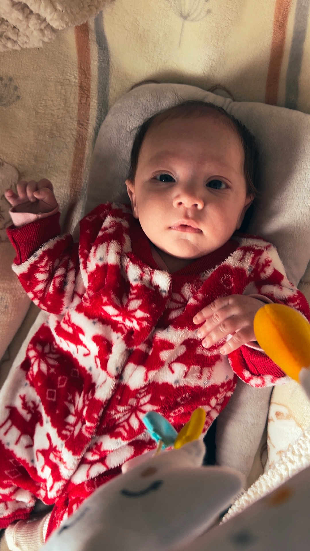 Talya participe au concours pour gagner de l'argent avec cette photo : baby, infant, child, onesie, red_clothing, white_clothing, toy, blanket, bed, face, hand, soft_toy, cute, indoors, newborn, portrait, lying_down, warm, holiday, curious