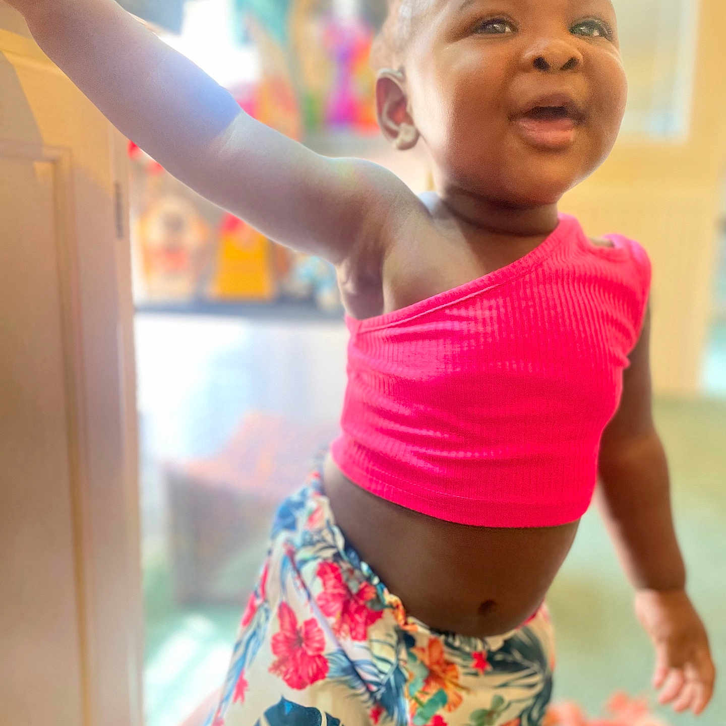 Chavonnie joined the competition — help win amazing prizes! baby, babylaughing, bodypart, clothing, face, finger, hand, happy, head, indoors, mouth, pants, person, photography, play, portrait, shorts, smile, t_shirt, teeth