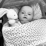 Lise participe au concours pour gagner de l'argent avec cette photo : baby, black_and_white, blanket, bunny, child, closeup, cozy, cute, expression, face, head, indoors, infant, monochrome, plush_toy, polka_dot, portrait, soft_toy, warm, wrapped