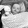 baby, black_and_white, blanket, bunny, child, closeup, cozy, cute, expression, face, head, indoors, infant, monochrome, plush_toy, polka_dot, portrait, soft_toy, warm, wrapped