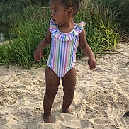 Zariyah joined the competition — help win amazing prizes! barefoot, beach, child, curious, daytime, grass, greenery, nature, outdoor, person, playful, sand, standing, summer, sunlight, swimsuit, toddler, trees, vacation, young_child