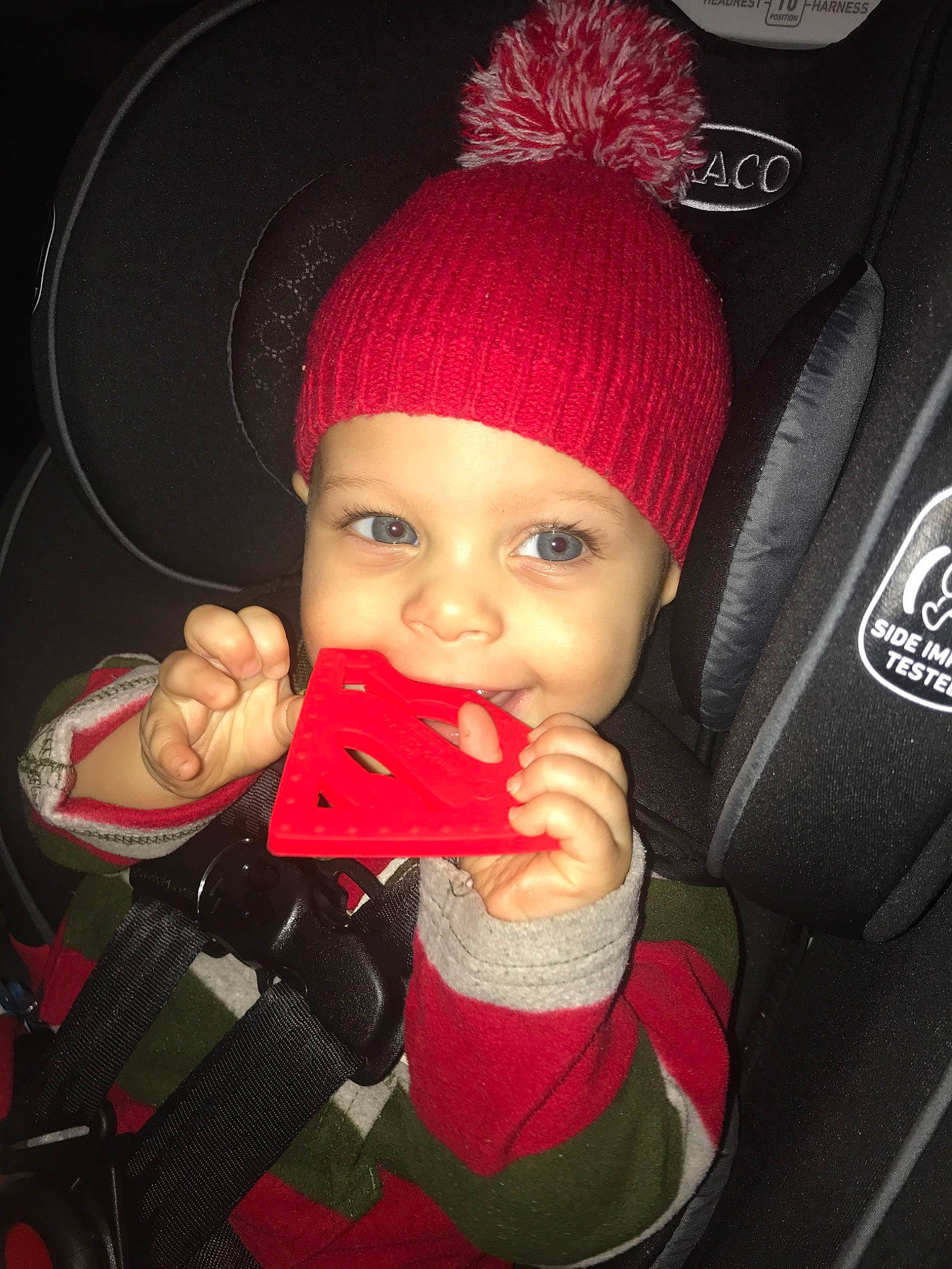 Kallel joined the competition — help win amazing prizes! baby, beanie, bonnet, cap, carmine, cheek, child, clothing, cool, fashion_accessory, headgear, headwear, knit_cap, lip, person, photography, red, toddler