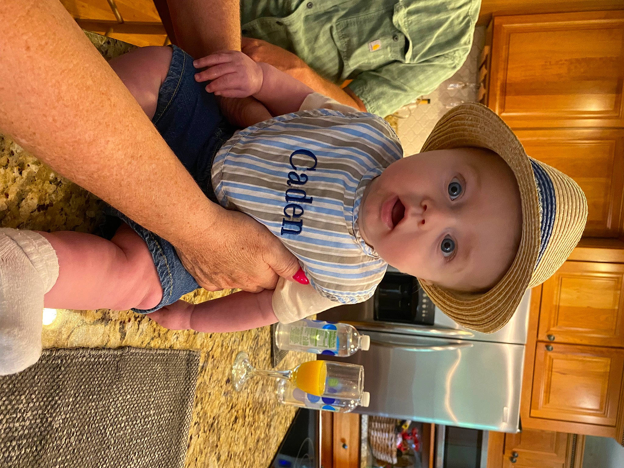 Caden joined the competition — help win amazing prizes! baby, baby_toddler_clothing, calf, child, comfort, finger, foot, fun, gesture, hat, headwear, human_body, human_leg, knee, nail, pattern, person, smile, surprise, thigh