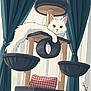 Yuki is registered to the contest to win money with this photo: animated, cat, cat_tree, white_cat, feline, furniture, baskets, pillow, curtains, indoor, relaxing, cozy, pets, household, window, soft_lighting, domestic, cute, resting, home