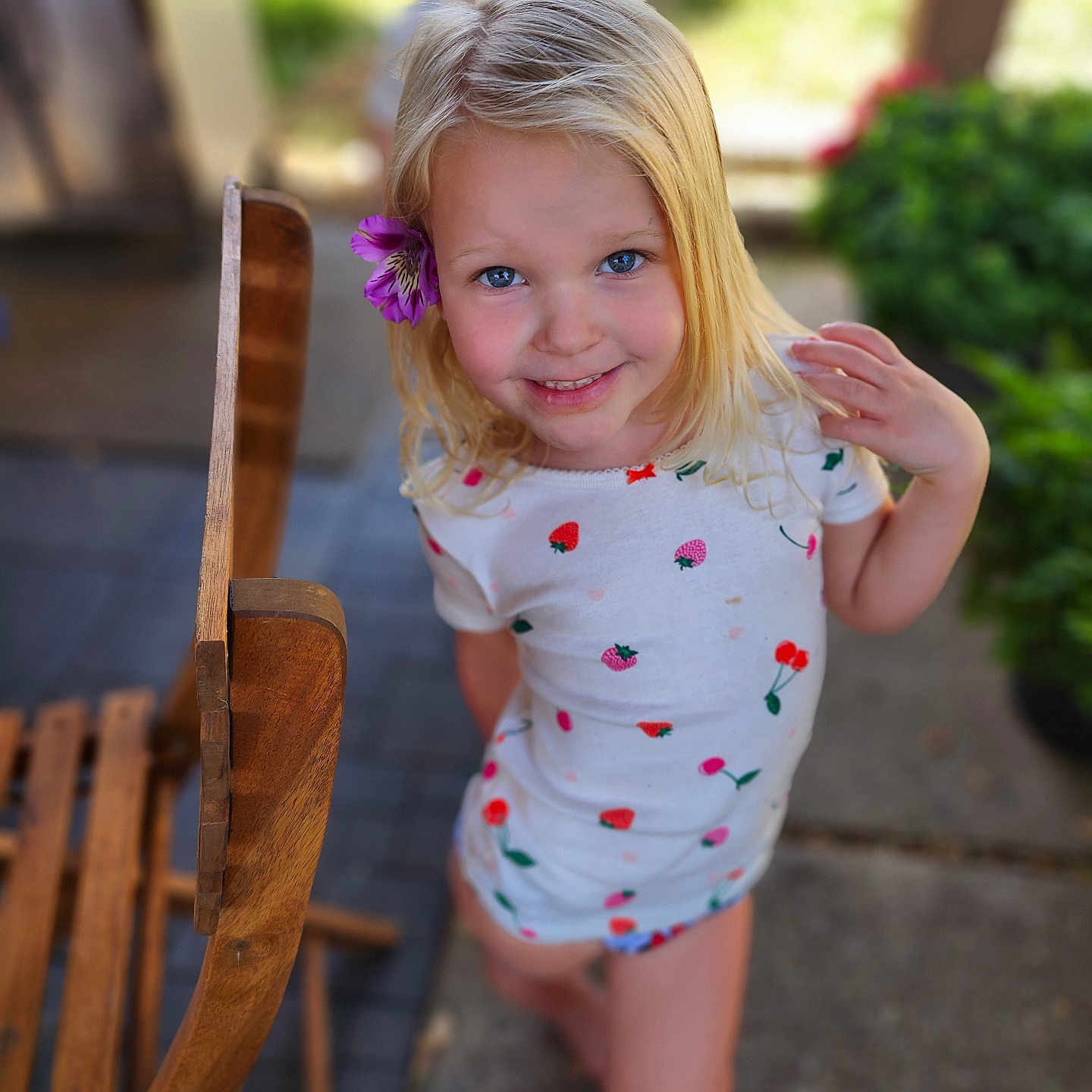 Delilah joined the competition — help win amazing prizes! blonde, bodypart, child, clothing, dress, face, female, finger, furniture, girl, hair, hand, happy, head, person, photography, plant, plywood, portrait, wood