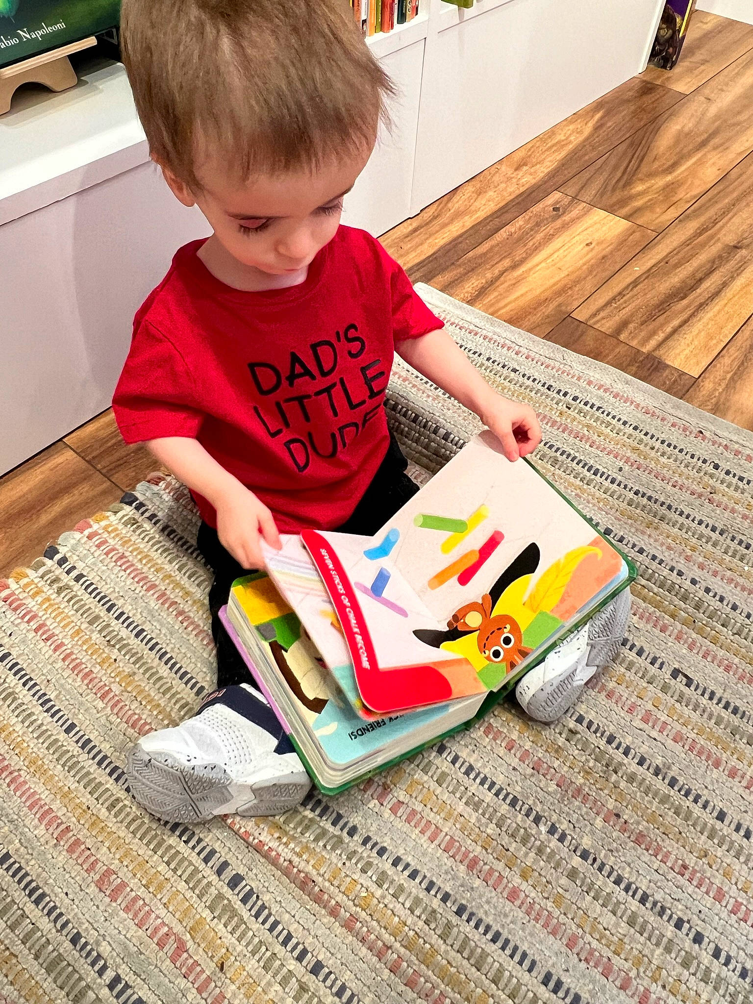 Nathan is registered to the contest to win money with this photo: baby, carmine, child, floor, flooring, fun, hardwood, houseplant, pattern, person, play, product, publication, reading, room, sitting, t_shirt, television, toddler, toy
