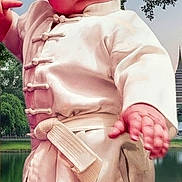 Rowan is registered to the contest to win money with this photo: baby, child, martial_arts, kung_fu, white_uniform, belt, outdoor, pond, tree, greenery, pagoda, cute, portrait, young, person, nature, grass, water, hand, face