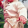 baby, child, martial_arts, kung_fu, white_uniform, belt, outdoor, pond, tree, greenery, pagoda, cute, portrait, young, person, nature, grass, water, hand, face