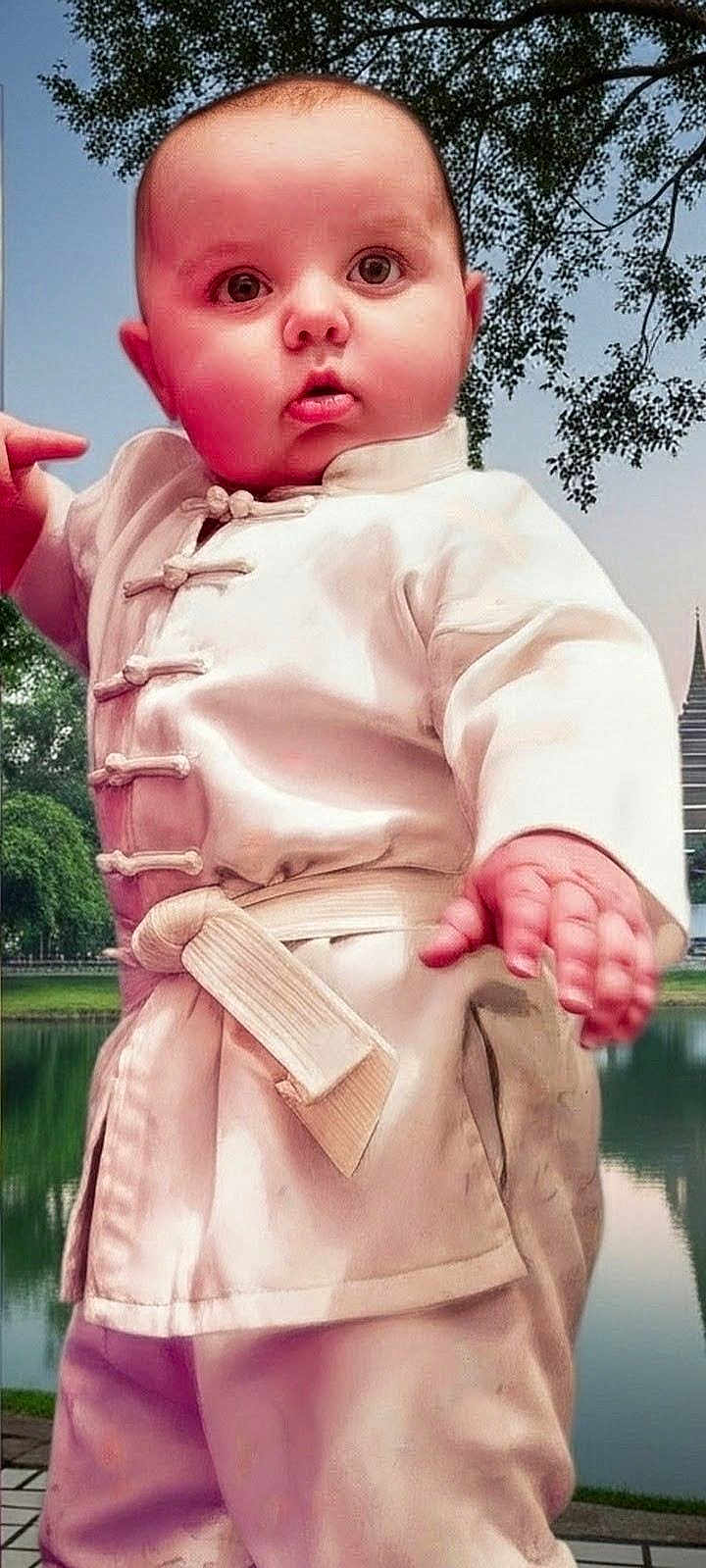 Rowan is registered to the contest to win money with this photo: baby, child, martial_arts, kung_fu, white_uniform, belt, outdoor, pond, tree, greenery, pagoda, cute, portrait, young, person, nature, grass, water, hand, face