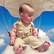 Rowan joined the competition — help win amazing prizes! baby, infant, cloud, parachute, sky, blue_sky, cute, child, outdoor, sitting, clothing, straps, barefoot, fluffy, portrait, young_child, adventure, whimsical, funny, curious