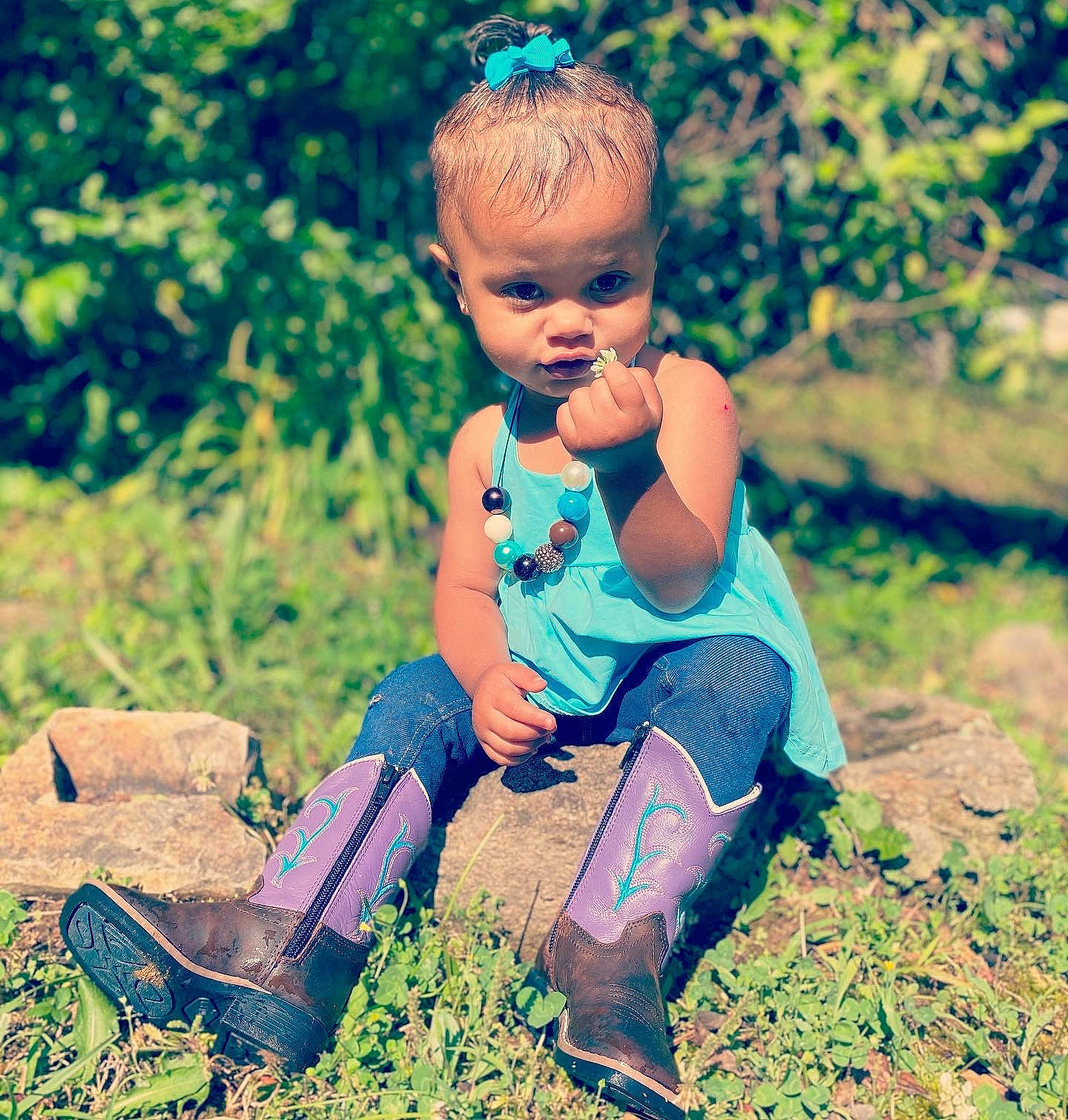 Ember joined the competition — help win amazing prizes! baby, baby_toddler_clothing, child, electric_blue, fun, grass, grass_family, hairstyle, happy, landscape, people_in_nature, person, plant, shoe, sitting, smile, soil, sunlight, toddler, tree