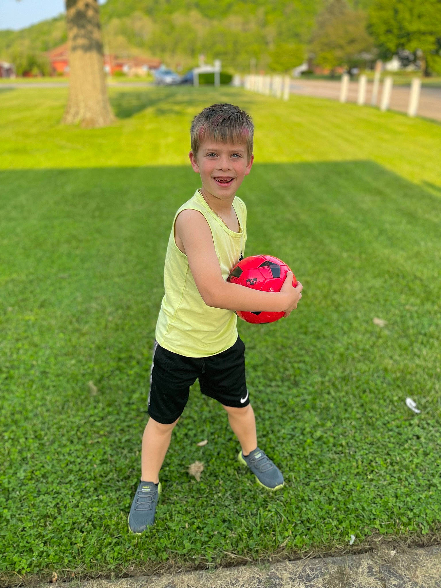 Claytyn joined the competition — help win amazing prizes! ball, ball_game, competition_event, football, grass, happy, joy, leisure, people_in_nature, person, plant, player, playing_sports, recreation, shorts, sneakers, soccer_ball, sports, sports_equipment, team_sport