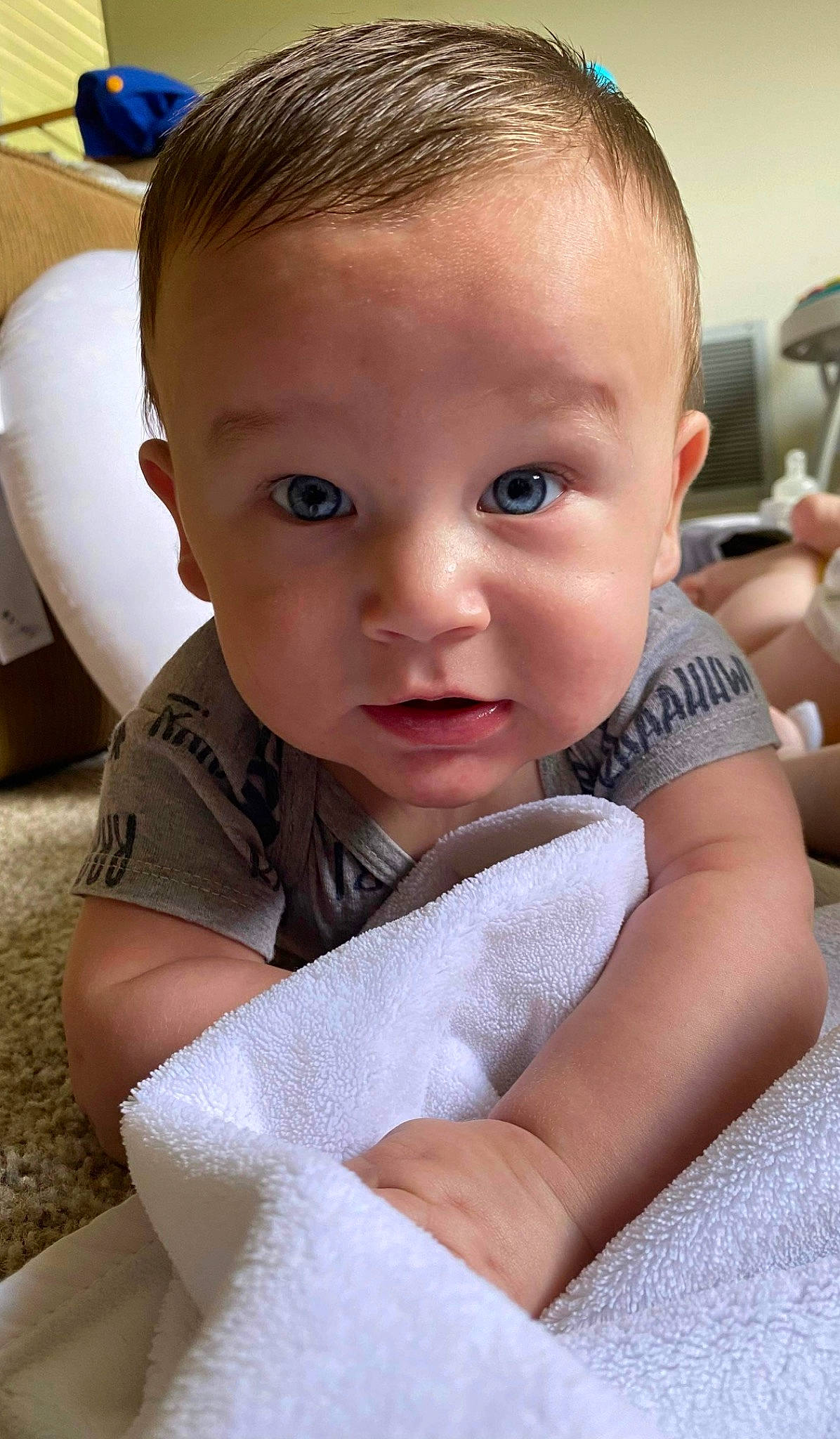 Colton joined the competition — help win amazing prizes! baby_toddler_clothing, blue, cheek, chin, ear, eye, eyebrow, hair, hairstyle, head, iris, joint, lip, mouth, muscle, neck, nose, person, shoulder, skin