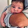 arm, baby, blue_towel, caring, child, closeup, comfort, curious, face, holding, human, indoor, infant, newborn, person, portrait, skin, soft_texture, wet_hair, young_child