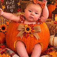 Journee joined the competition — help win amazing prizes! baby, child, infant, portrait, pumpkin, autumn, fall, orange, bow, headband, sunflowers, flowers, hay, harvest, seasonal, costume, sitting, indoors, photography, smiling
