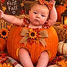 baby, child, infant, portrait, pumpkin, autumn, fall, orange, bow, headband, sunflowers, flowers, hay, harvest, seasonal, costume, sitting, indoors, photography, smiling