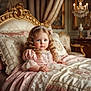 child, girl, princess, curls, blue_eyes, pink_dress, lace, tiara, bed, luxury, gold, pillows, curtains, vintage, elegant, portrait, indoor, royalty, furniture, chandelier