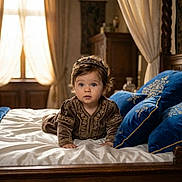 Austin is registered to the contest to win money with this photo: baby, child, crown, bed, blue_pillows, curtains, window, vintage, ornate_clothing, wooden_bed, indoor, portrait, curious, baby_crawl, luxury, decor, royal, soft_lighting, expression, young_child