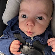 Carter Olin joined the competition — help win amazing prizes! baby, infant, face, eyes, hoodie, car_seat, safety_buckle, hand, blanket, blue, clothing, closeup, young_child, cute, newborn, skin, expression, indoors, portrait, child