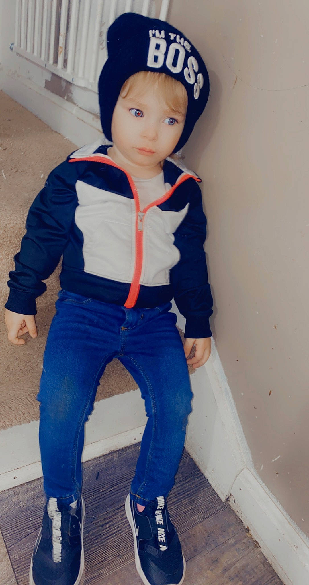 Liberty is registered to the contest to win money with this photo: baby_toddler_clothing, blazer, blue, cap, child, clothing, cool, denim, electric_blue, face, headgear, outerwear, person, personal_protective_equipment, shoe, sleeve, standing, street_fashion, t_shirt, waist