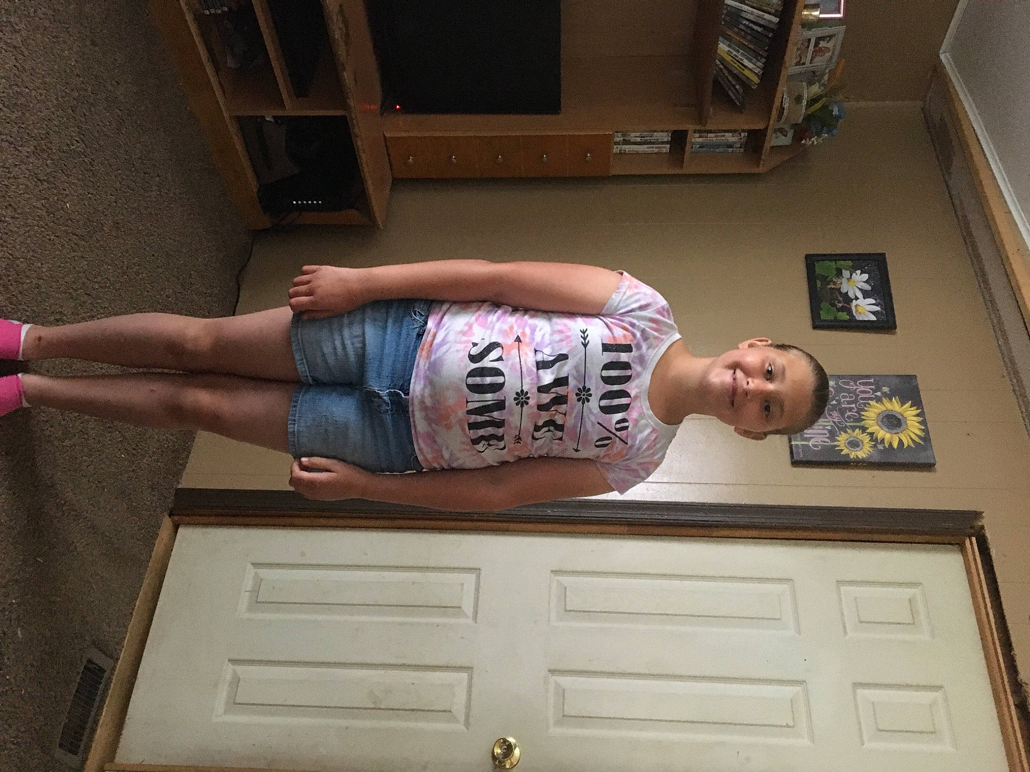 Bailey joined the competition — help win amazing prizes! abdomen, arm, clothing, door, elbow, finger, floor, fun, hand, human_body, jeans, joint, joy, knee, leg, person, shorts, shoulder, thigh, trunk