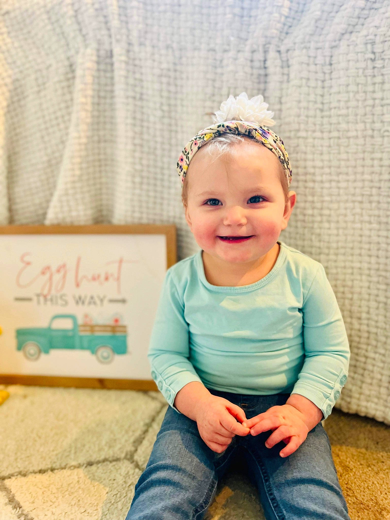 Cheryl joined the competition — help win amazing prizes! baby, baby_toddler_clothing, child, clothing, electric_blue, eye, face, fashion_accessory, grass, happy, headband, headgear, headpiece, jeans, joy, person, pink, sleeve, smile, swing