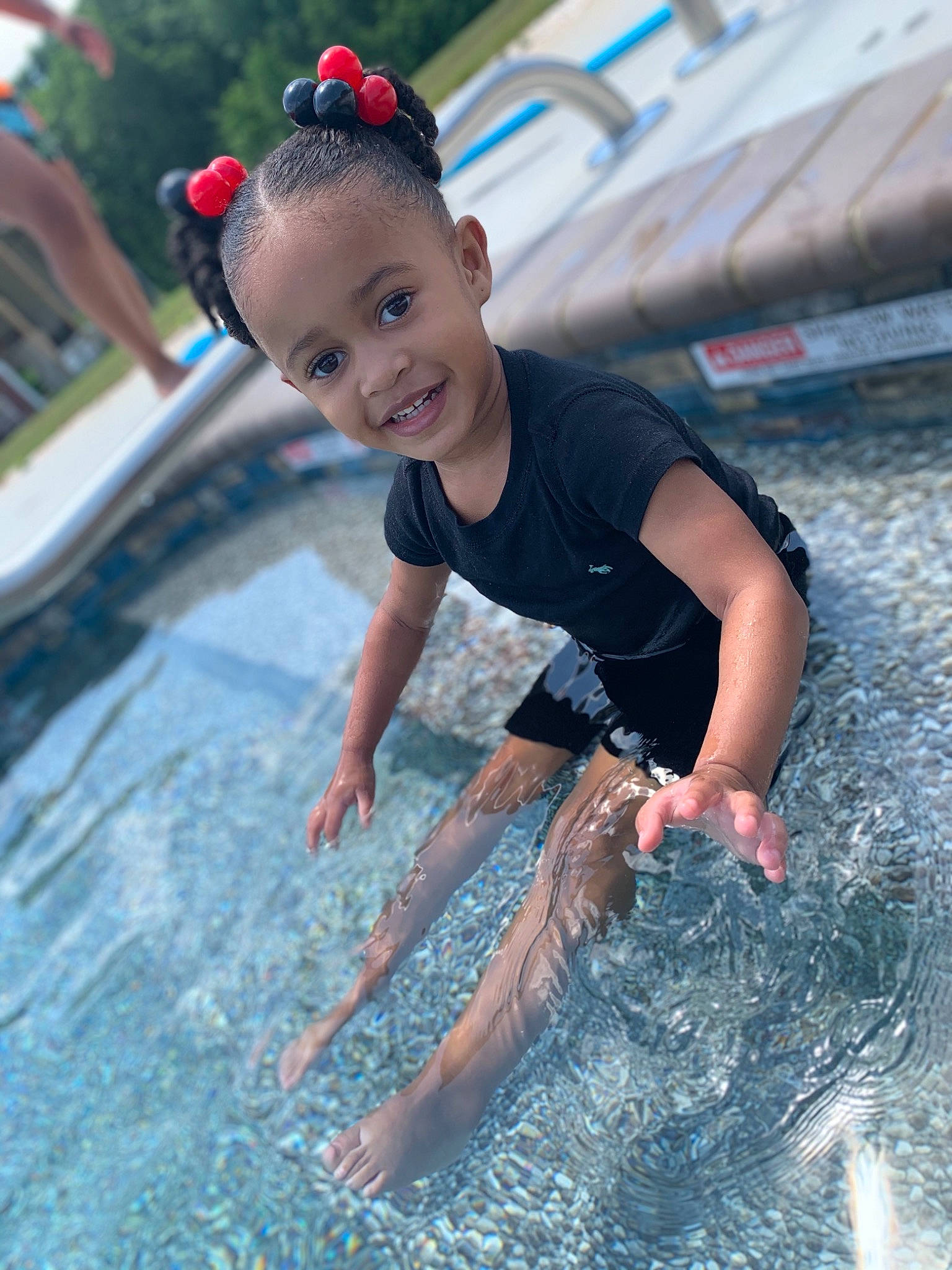 Lauryn joined the competition — help win amazing prizes! baby, child, fun, joy, leisure, person, play, recreation, smile, summer, swimming_pool, toddler, vacation, water, water_park