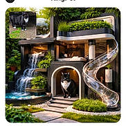 Boots is registered to the contest to win money with this photo: architecture, black_and_white_cat, cat, daylight, feline, garden, green_plants, inset_photo, luxury, luxury_cat_house, modern_architecture, nature, outdoor, pet, relaxation, rock_garden, small_pond, stairs, transparent_slide, waterfall