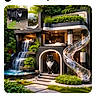 architecture, black_and_white_cat, cat, daylight, feline, garden, green_plants, inset_photo, luxury, luxury_cat_house, modern_architecture, nature, outdoor, pet, relaxation, rock_garden, small_pond, stairs, transparent_slide, waterfall