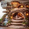 animal, cat, curtains, cushion, decor, floor, fur, furniture, home, indoor, lamps, lighting, luxury, pet_bed, plants, relaxing, rock, waterfall, window, wood