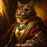 brocade, cat, clothing, costume, decoration, feline, gold, historical_style, indoor, jewelry, luxury, medallion, ornate, painting_style, portrait, regal, royalty, texture, velvet, website_text